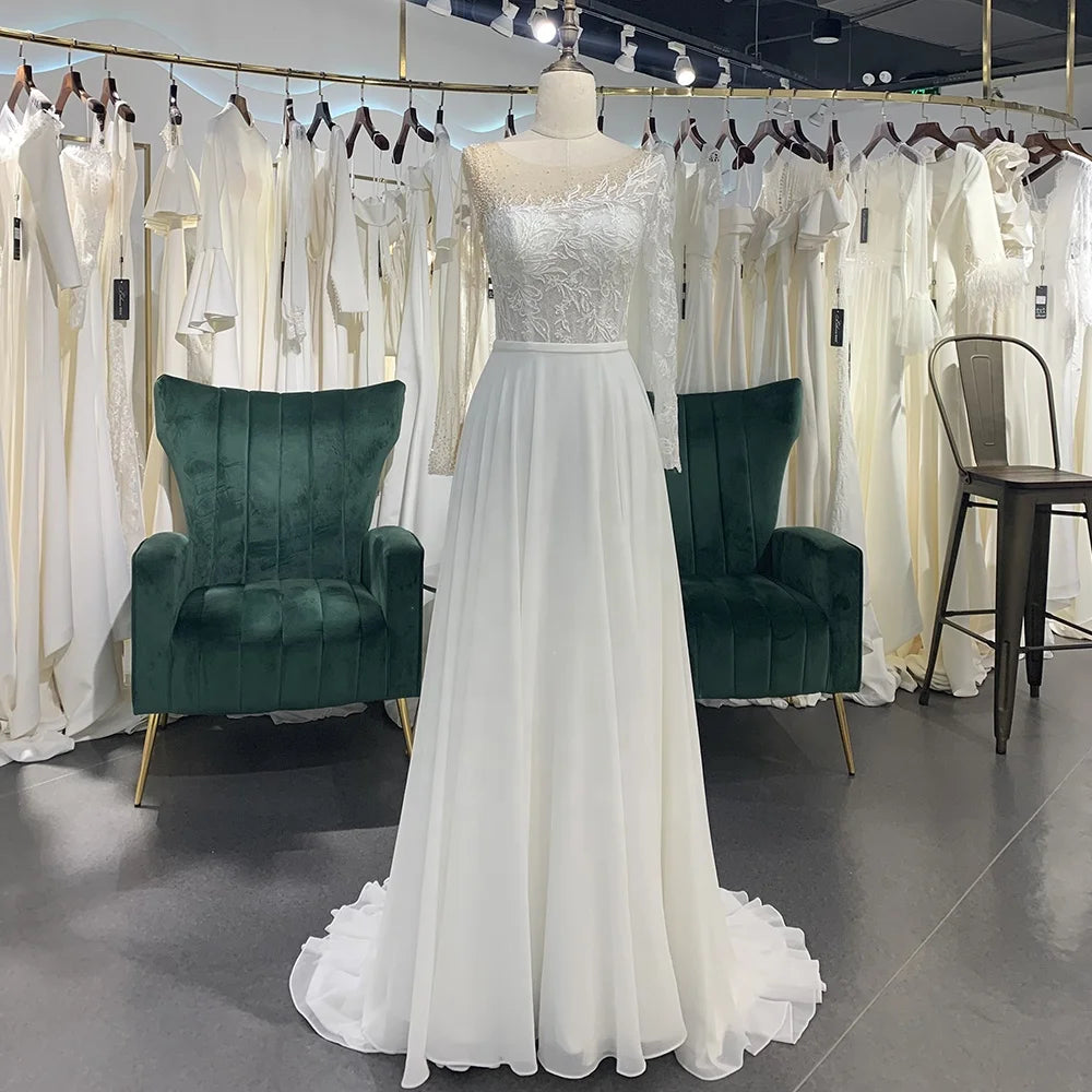 Jancember LSSG067 Beautiful Long Sleeve Illusion Bridal Wedding A-line Dresses