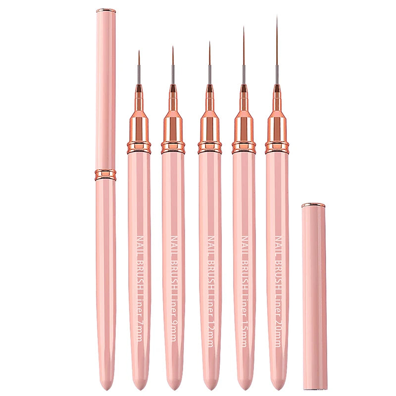 Professional Metal Handle Nylon Hair 5pcs Nail Brush Set Painting Line 9mm Nail Art Liner Brush for Nail Beauty Kits