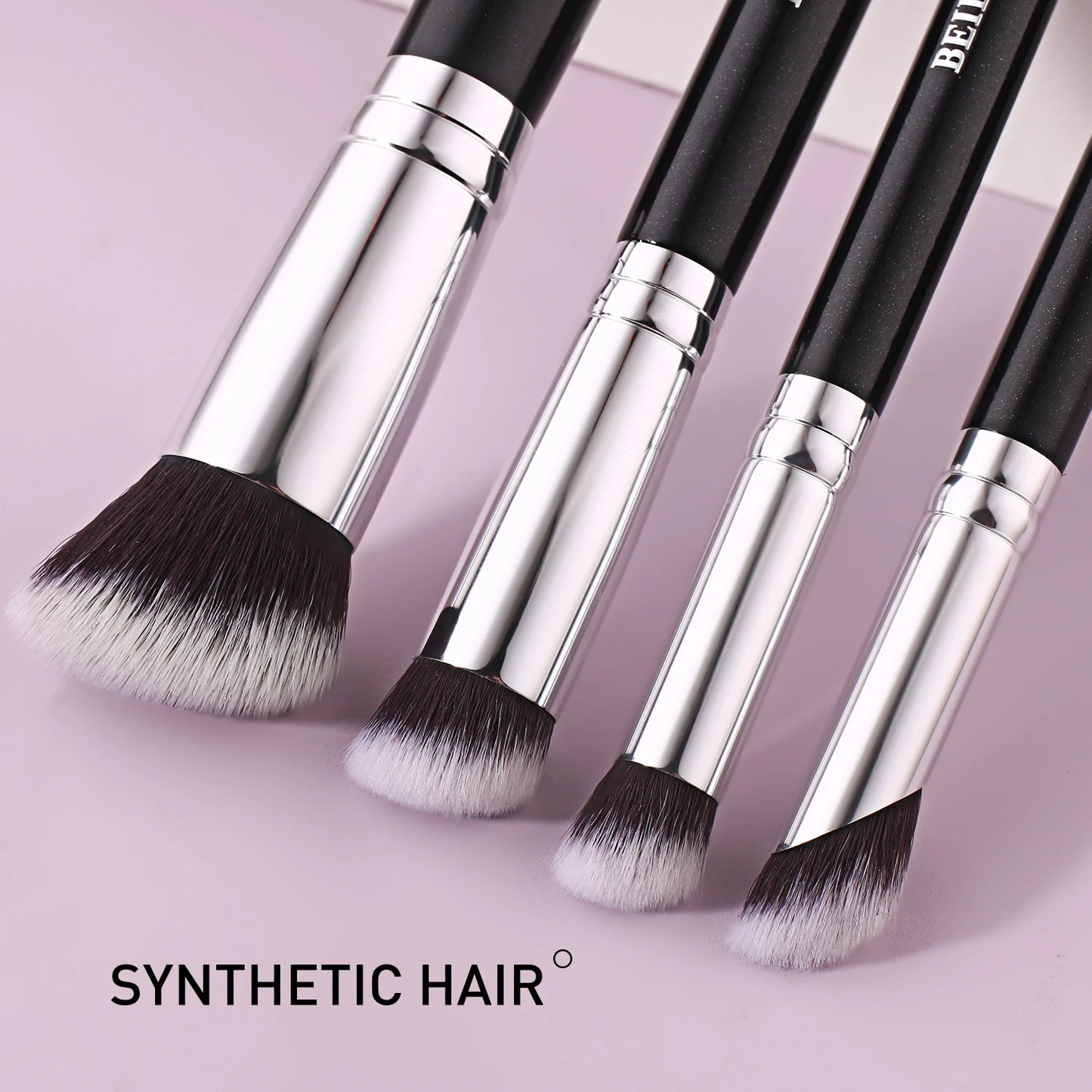 BEILI Single Black 4pc Round Head Facial Foundation Cosmetic Brush Synthetic Hair Small Angled Face Concealer Brush