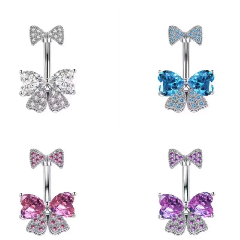 Trend wholesale zircon purple pink bowknot multicolor rhinestone navel ring for women body piercing