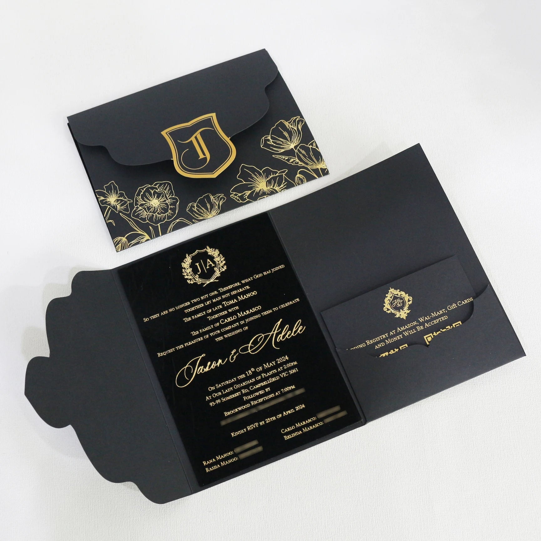 Luxury Black Velvet Suede Wedding Invites by Gold Foil RSVP Cards DIY Handmade Black Velvet Pocket Envelope