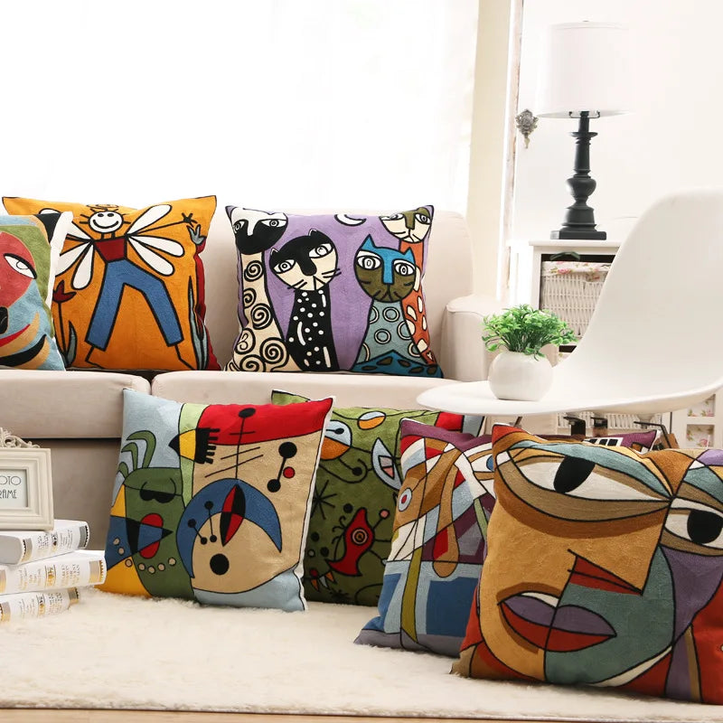 18 X 18 Inch Picasso Cat Pillow Cover Decorative Abstract Hand Embroidered Cushion Covers/