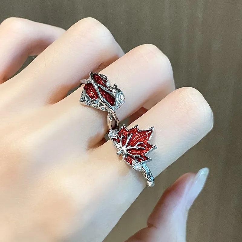 Red Enamel Lucky  Design Niche Opening Ring Love Maple Leaf Personality Retro  Opening Ring