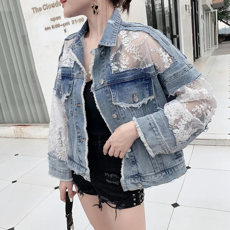 Boutique Wholesale 2026 Spring New Loose Korean Edition Versatile Perspective Lace Elegant Denim Women's Coat