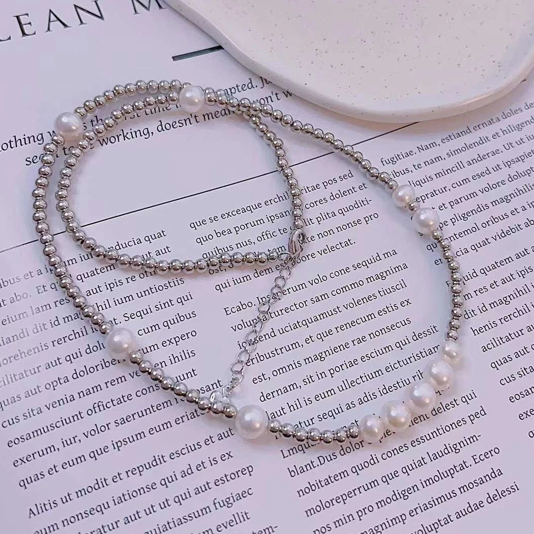 Amazonian Hot Sale Mid-Length Silver Bead Necklace for Young Women 48+5CM 6-9MM Natural Freshwater Pearl Jewelry