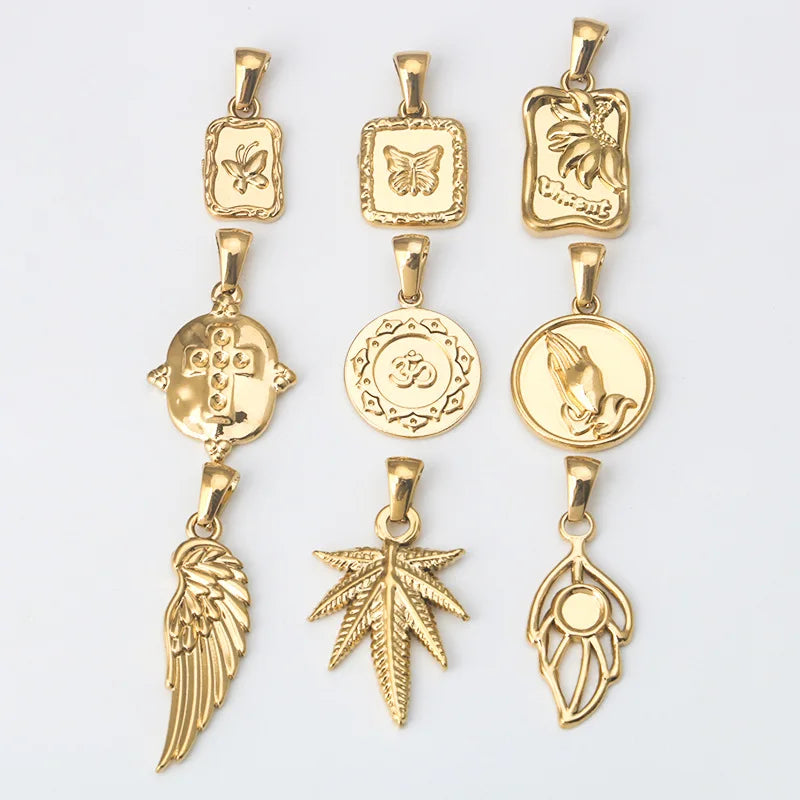 S1218 Small Non Tarnish Jewelry Supplies 18K Gold Plated Stainless Steel Praying Hands Wing Maple Leaf OM Charm Pendants