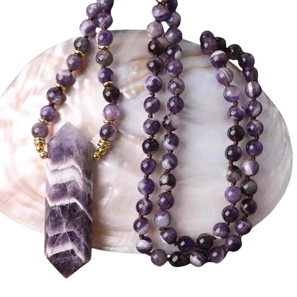 Dream Amethyst Mala Necklace  108 Mala Beads  Healing Crystal Double Point Pendant Meditation Energy Jewelry