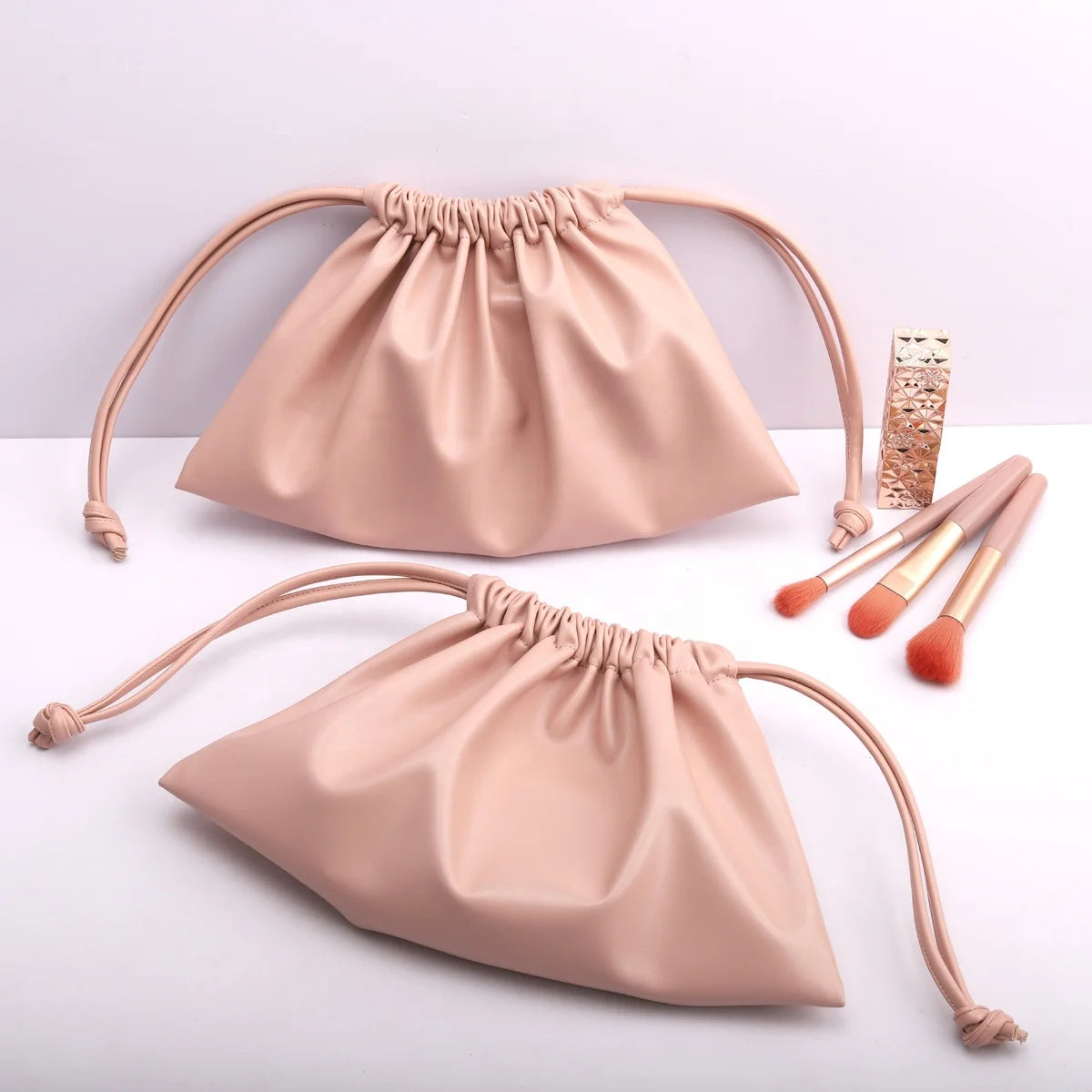 High Quality Pink Pu Leather Travel Cosmetic Drawstring Bag Luxury Soild Waterproof Leather Makeup Pouch