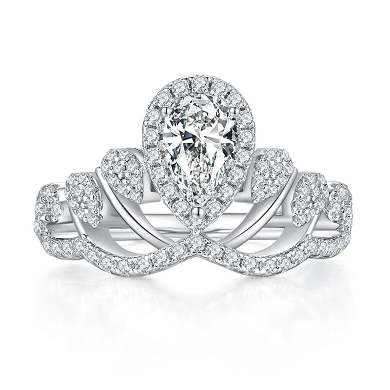 Somen Luxury Jewelry S925 Sterling Silver Crown Design Pear Cut D Grade 1.0CT Moissanite Rings for Women Wedding Engagement