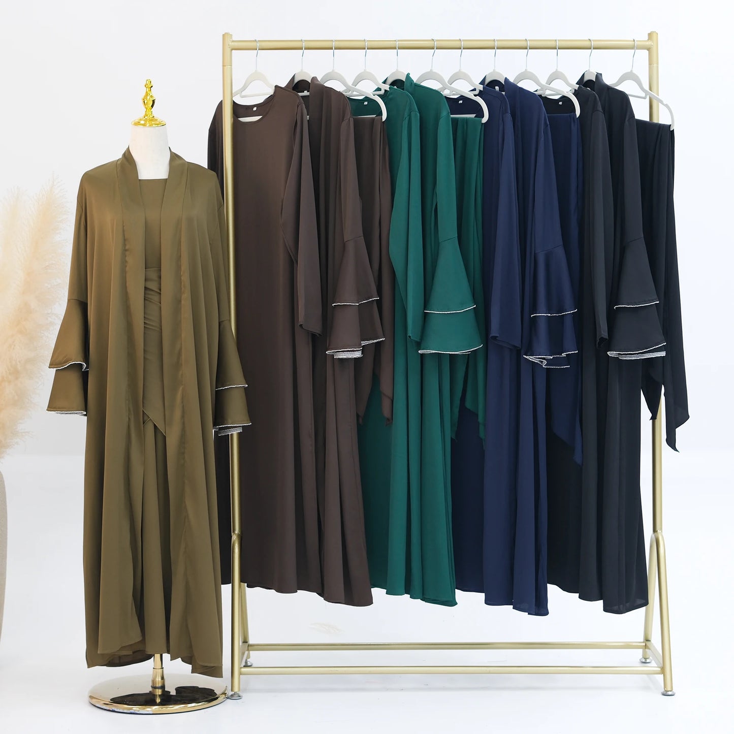 Loriya 3pcs Muslim Women Long Dress Set Dubai Abaya Ruffle Sleeves Ramadan Kaftan Open Cardigan Kimono Islamic Clothing