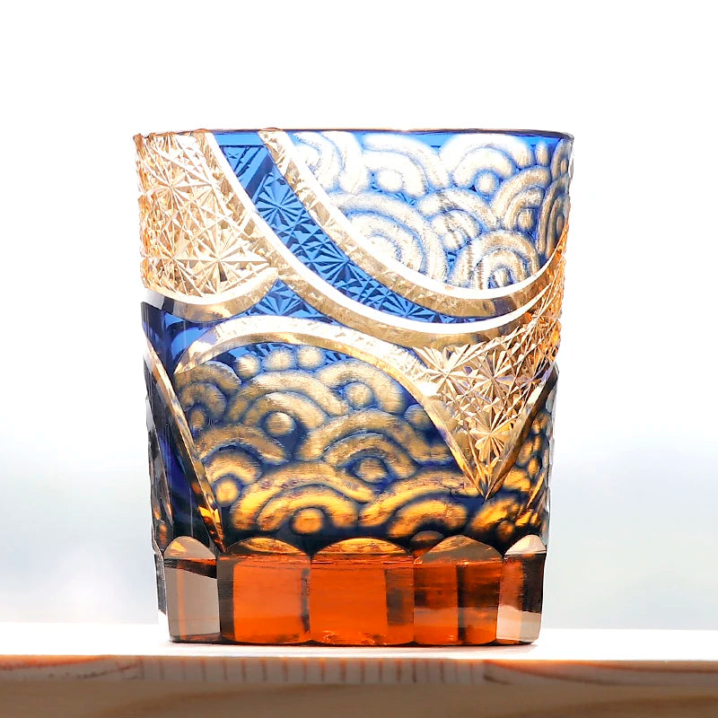 Edo Kiriko Colored Glass Whiskey Hand Engraved Crystal Tumbler for Bourbon Beverage Glass Drinking Cup