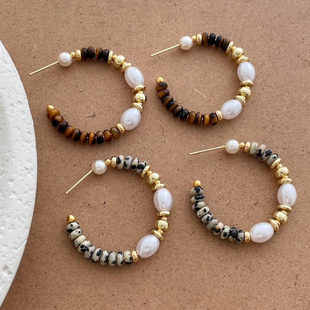 Maiou Trendy Boho Designer Handmade Sweet Cute Gold Plated Natural Stone Tiger Eyes Stone Big Hoop Earrings for Women Ladies