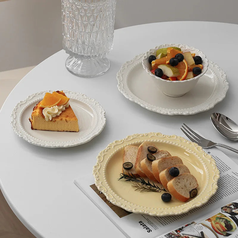 Nordic Embossed Ceramic Tableware Set Vintage Lace Western Dinner Plate