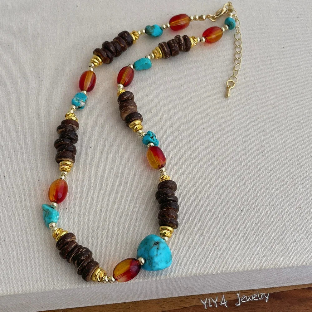 Maiou Designer Boho Handmade Amber Resin Beaded and Turquoise Beaded Choker Necklace Jewelry for Women