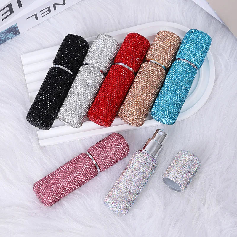 Portable 5ml Refillable Recyclable Super Shinny Crystal Pink White Black Blue Plastic Perfume Pump Sprayer Bottle Box Packagi
