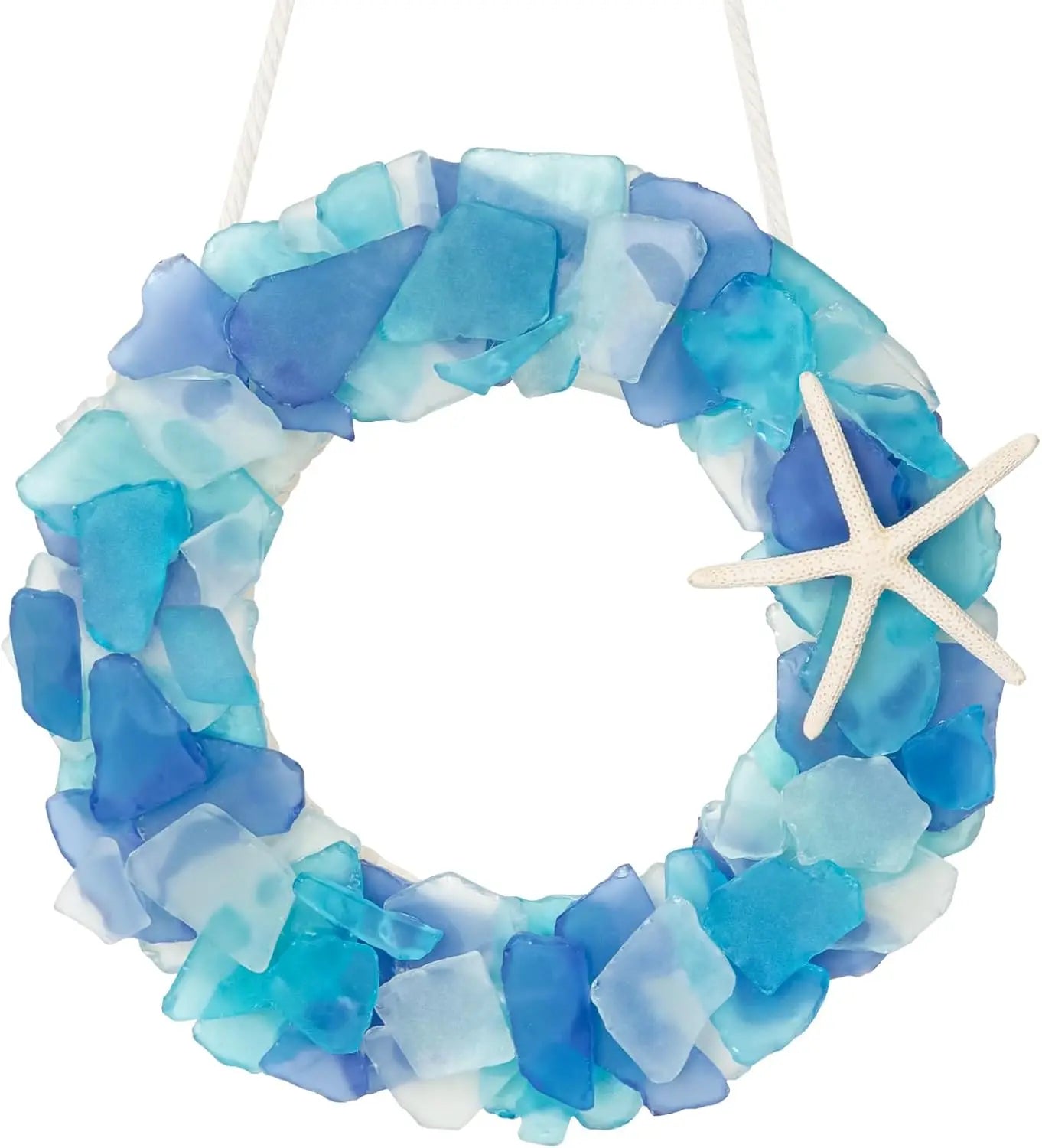Blue Gradient Sea Glass Wreath Handmade 8.5 Inch Beach Wreaths for Home Door Wall Wedding Coastal Style Christmas Decor
