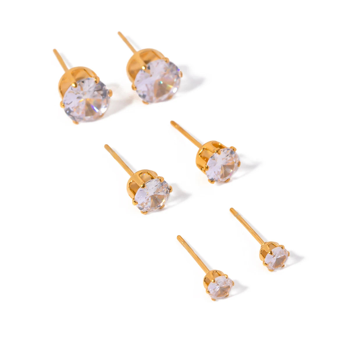 J&D Waterproof Stainless Steel Jewelry Minimalist 6 Claw Setting Crystal Cubic Zircon Stone Stud Earring Set