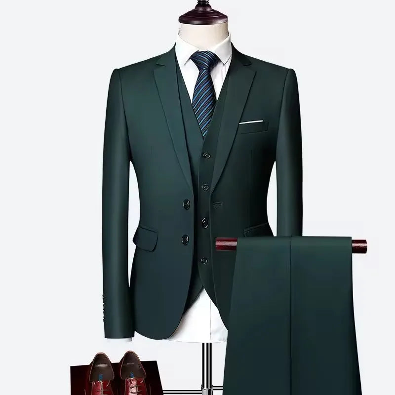 Luxury 3piece Men's Wedding Suit Slim Solid Color Business Office Suit Sets Large Size Blazer+pants +vest  EUR US Size XS-3XL