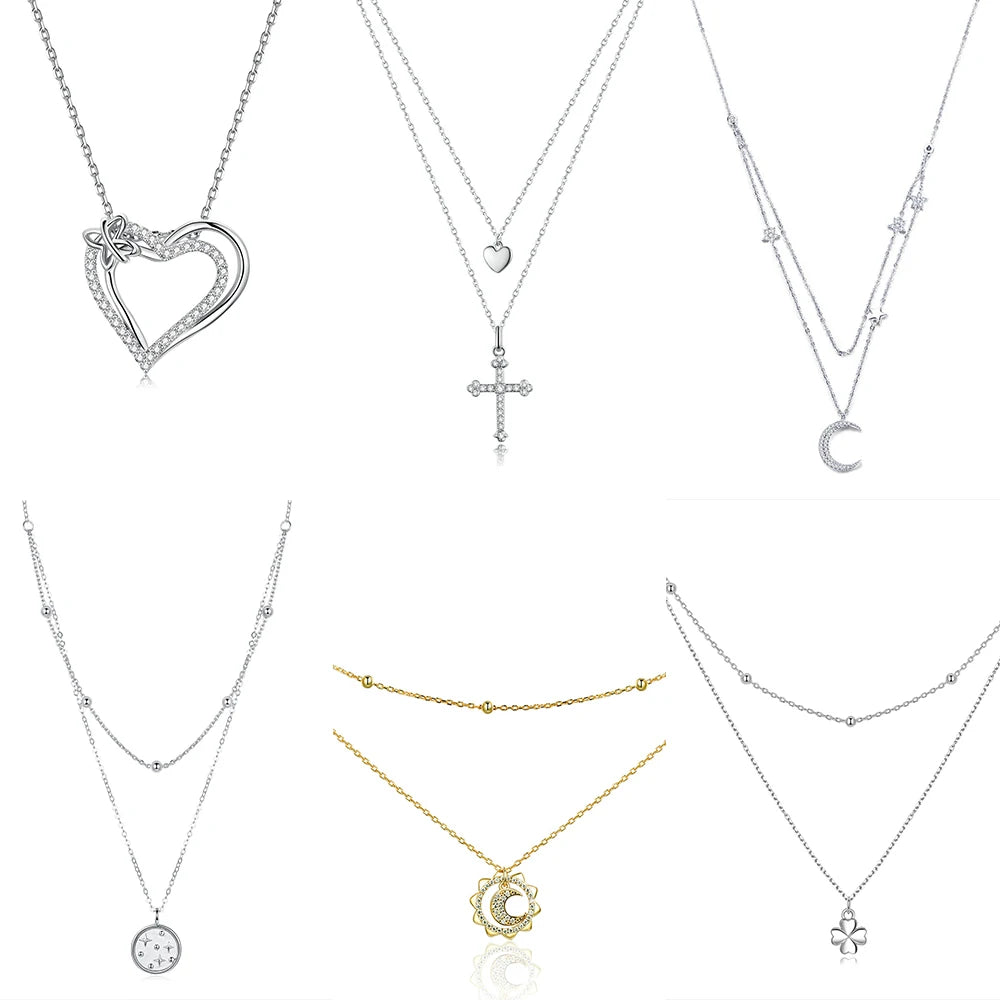 Wholesale 925 Sterling Silver Gold Plated Cross Heart Double Layer Pendant Necklace CZ Micro Pave Religious Jewelry for Women