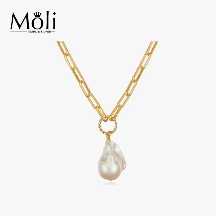 Fashion Punk Style Thick Chain Freshwater Baroque Pearl Charm Necklace for Women Jewelry