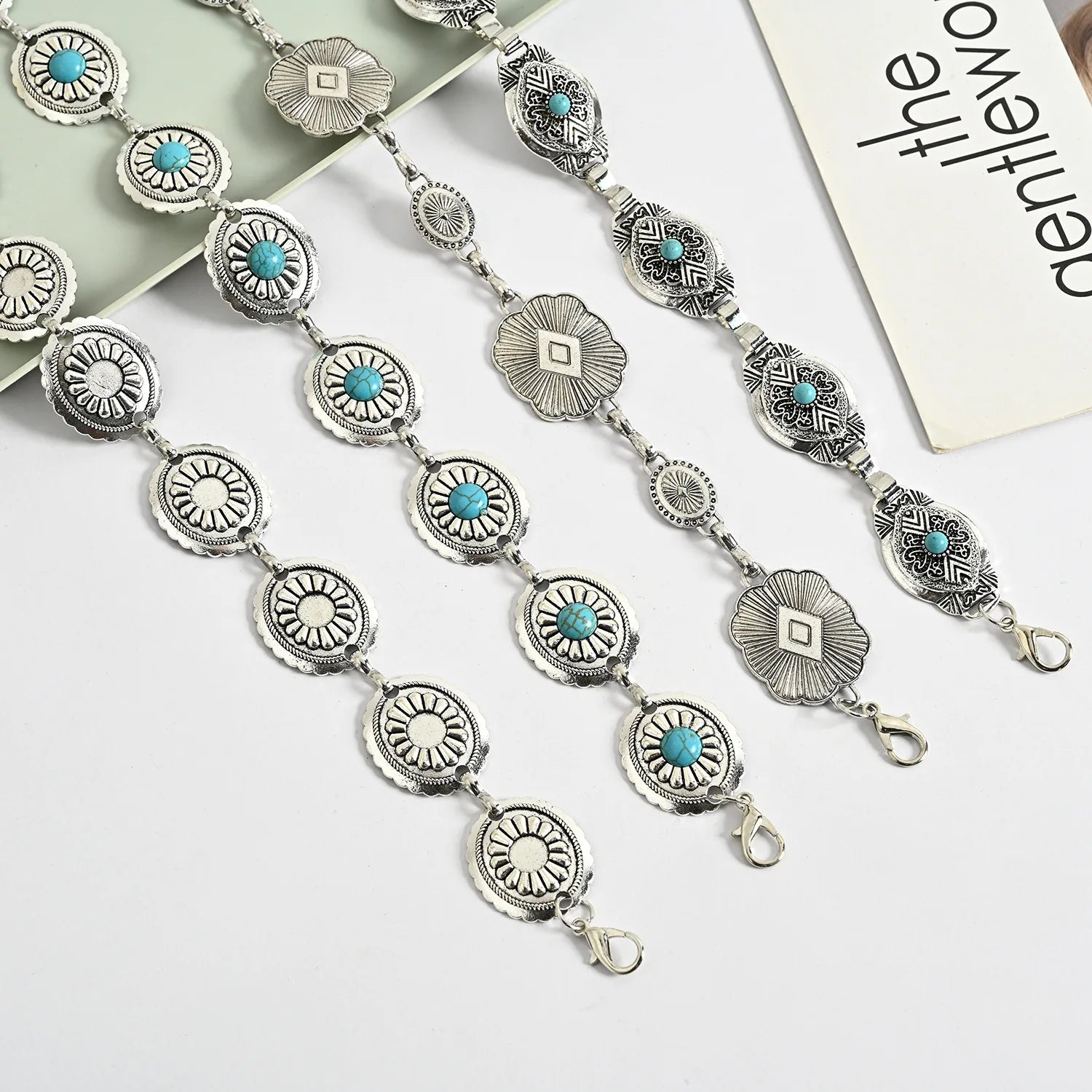 Western Turquoise Flower Chain Belt Waist Chain Adjustable Belly Chains for Women Dresses