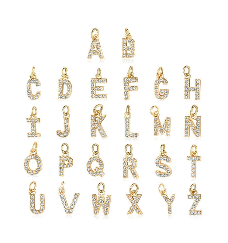 Gold Brass Zircon Initial Letter Alphabet Charm A-Z Letter Charm Dangle Pendant for DIY Bracelet Necklace Craft Making