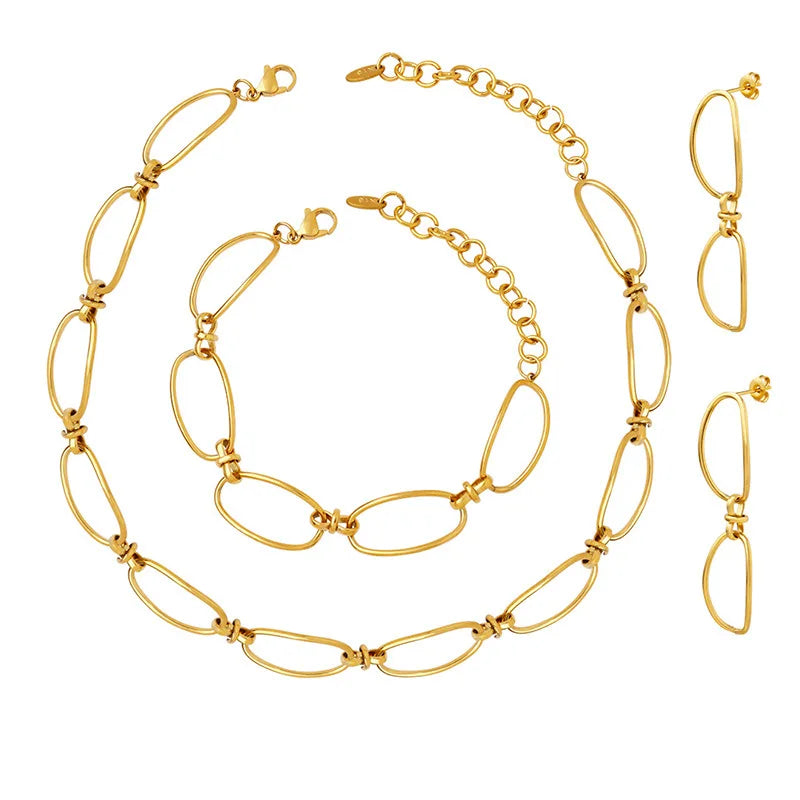French Retro Oval Buckle Splicing 18K Gold Plate Stainless Steel Link Cable Chain Choker Necklace Bracelet Jewelry Set for Wo