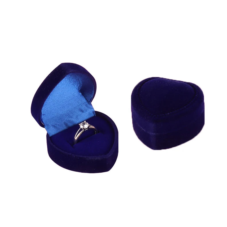 Valentine's Day Heart Shape Small Ring Box Flocking Blue Velvet Jewelry Gift Package Box