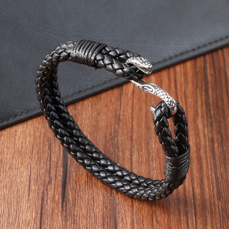Wholesale Stainless Steel Snake Animal Leather Bracelet 316L Stainless Steel Magnetic Clasp Black Genuine Leather Bracelet Me