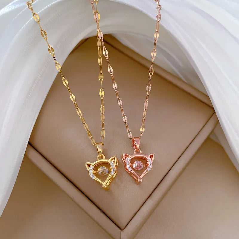 Light Luxury Titanium Steel Cute Fox Gorgeous Diamond Necklace for Women Collar Chain Stainless Steel Jewelry Charm