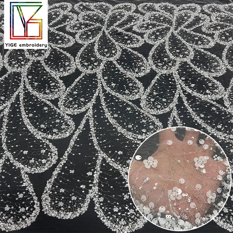 Luxury French Wedding Bridal Beaded Lace Fabric Sequins Embroidery Net Fabric Dress Tulle Beads Lace Fabric