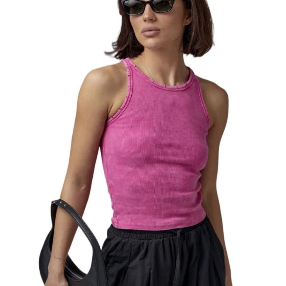 KY Women's Acid Washed Crop Distressed Basic Camisole Tank Top Short Casual Halter Breathable Knitted Fabric Rib Female Desig