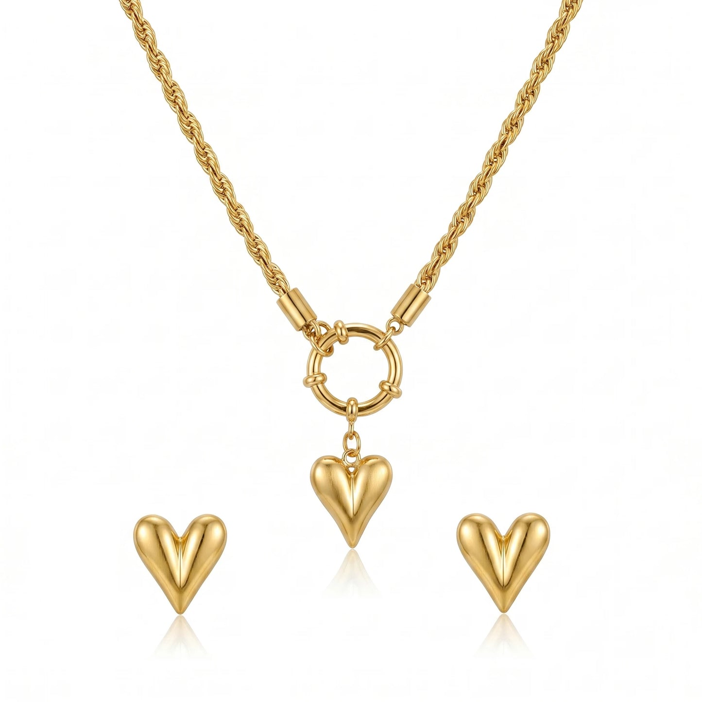 QIAOREN 11589 Waterproof 18K Gold Plated Stainless Steel Heart Jewelry Set Rope Chain Necklace Earrings Daily Wear