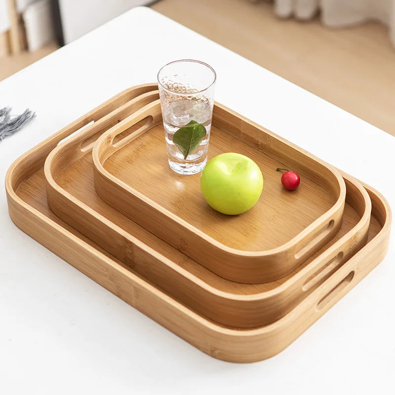 Bamboo Wooden Rectangular Tea Tray Solid Wood Serving Tray Japandi Design Style for Kung Fu Tea Cup Hotel Dinner Plate Party