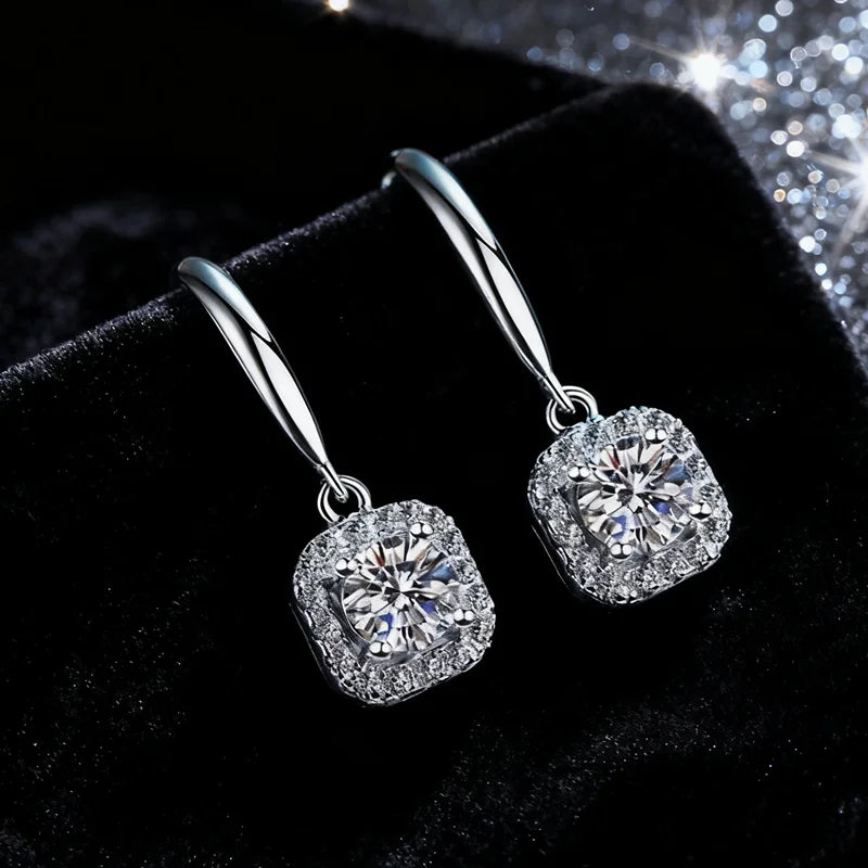 Classic square Inlay Round VVS D Color Moissanite Drop Earrings Engagement and Wedding Jewelry for Women