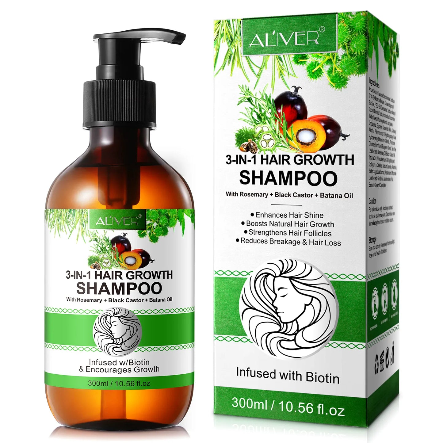 ALIVER Professional Nourishing 300ml Bottle Biotin Batana Hair Growth Rosemary Jamaican Black Castor Oil Shampoo for Hair