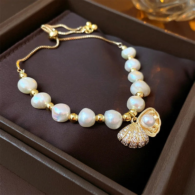 High End Luxury Fashion Jewelry Dainty Adjustable Freshwater Pearl Bracelet Shell Hand Bracelets for Women