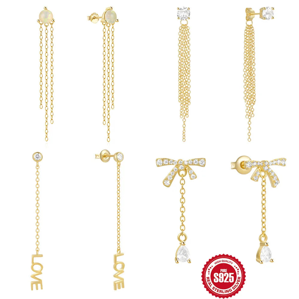 Fashion Jewelry 925 Sterling Silver Earrings Bowknot LOVE Drop Diamond Opal Long Tassel Chain Gold Plated Stud Earrings Women