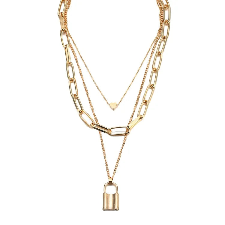 New High Quality Chain Necklace Women's Jewelry Gift Gold-Plated Lock Pendant Multi-layer Necklace Wholesale Jewelry