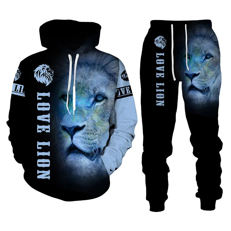 Men's 3D Lion Print Tracksuit Set - Hoodie & Jogger Pants Casual Streetwear Sweatsuit for Hip Hop & Daily Wear