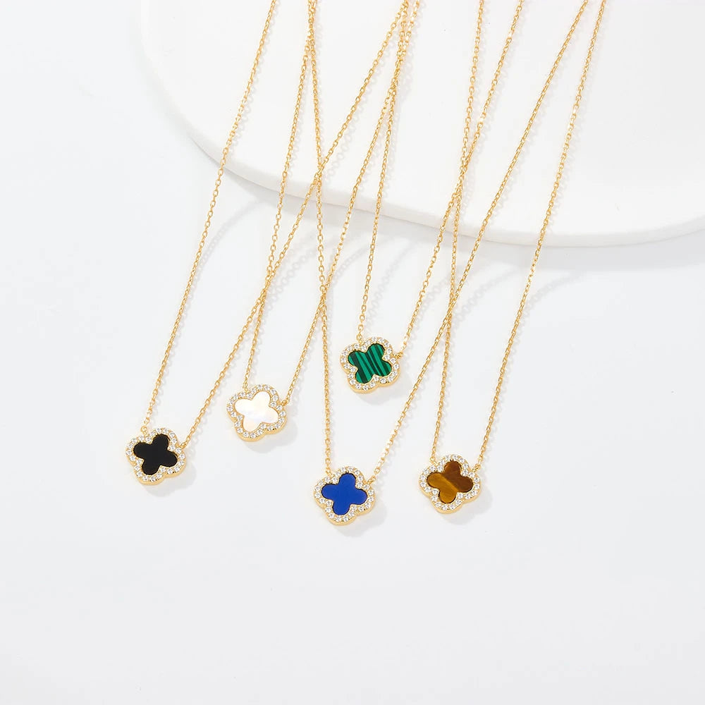 Daidan Clover Stone Tiger Eye Agate Stone Turquoise Lapis Lazuli Shell Silver Four Leaf Clover Necklace