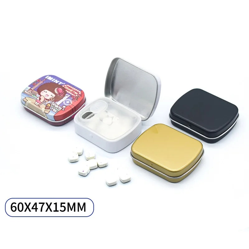 Metal Tinplate Snack Candy Storage Tin Box Hinged Lid Rectangular Shape Glossy Finish 60x45x15mm Dimensions Food-Grade