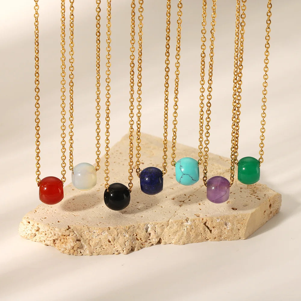 Fashion Link Cable Chain Choker Necklace Waterproof 18K Gold Stainless Steel Colorful Natural Stone Pendant Necklace for Wome