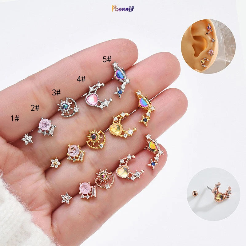 POENNIS Exquisite Vintage Hollow Moon Star Stud Earrings Stainless Steel Cubic Zircon Hypoallergenic Nickel-Free for Women