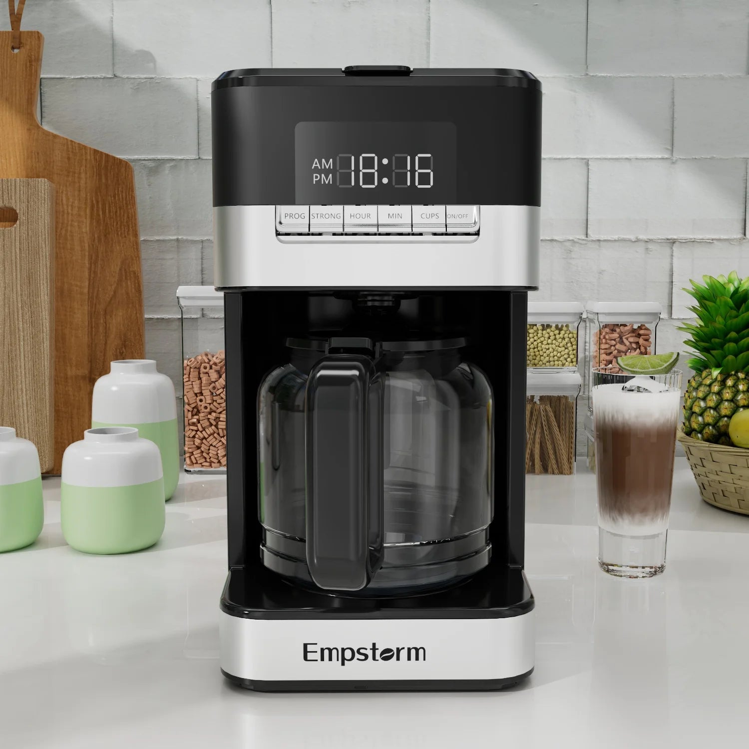 Empstorm Electric 1000W Glass Drip Coffee Maker 12-Cup Semi-Automatic Programmable Temperature Control Keep Warm 1 Year Warra
