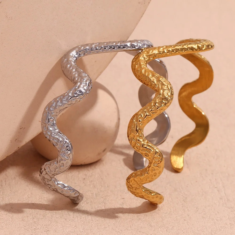 Hammered Water Wave Snake Shape Cuff Bangle Fashion Jewelry Bracelets & Bangles Gold Plated Stainless Steel Jewelry