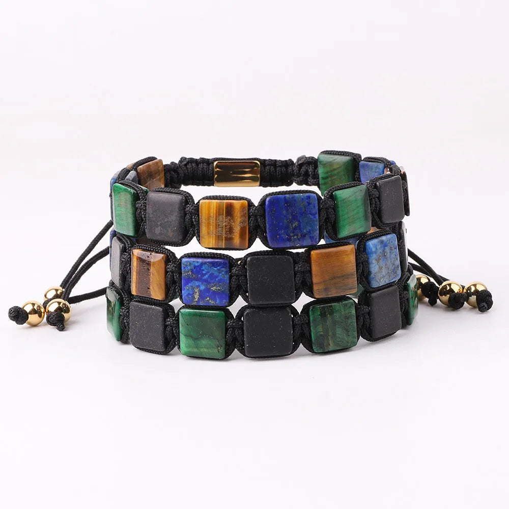New Design 10mm Natural Stone Square Braided Bracelet Men Green Tiger Eye Lapis Matte Black Agate Bracelet With Customized Lo
