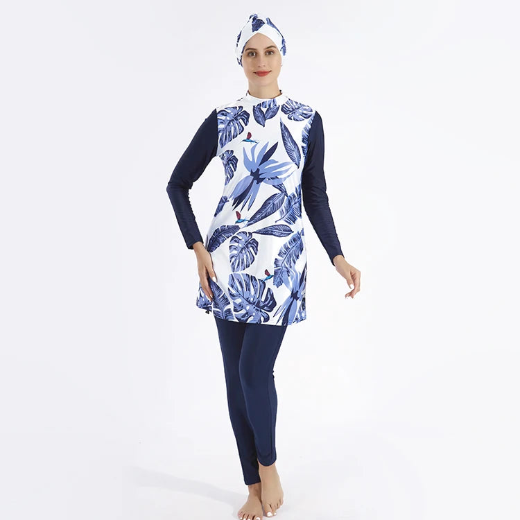Plus Size M-6XL Full Cover Hijab Islamic Swimsuit Leaf Print 3Pcs Women Swimwear Burkini Muslim Swimsuit 2024