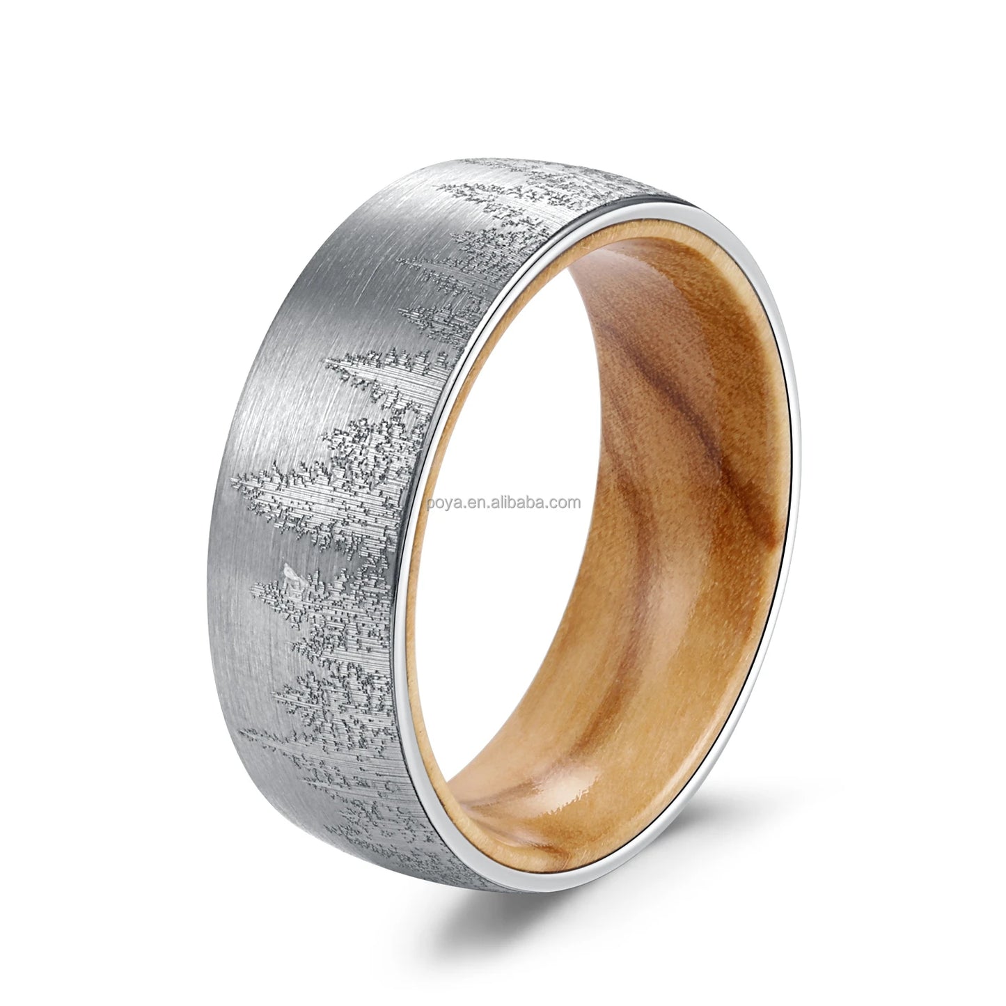 POYA 8mm Silver Tungsten Ring Vintage Wood Inside Ring with Forest Laser Design for Wedding or Gift