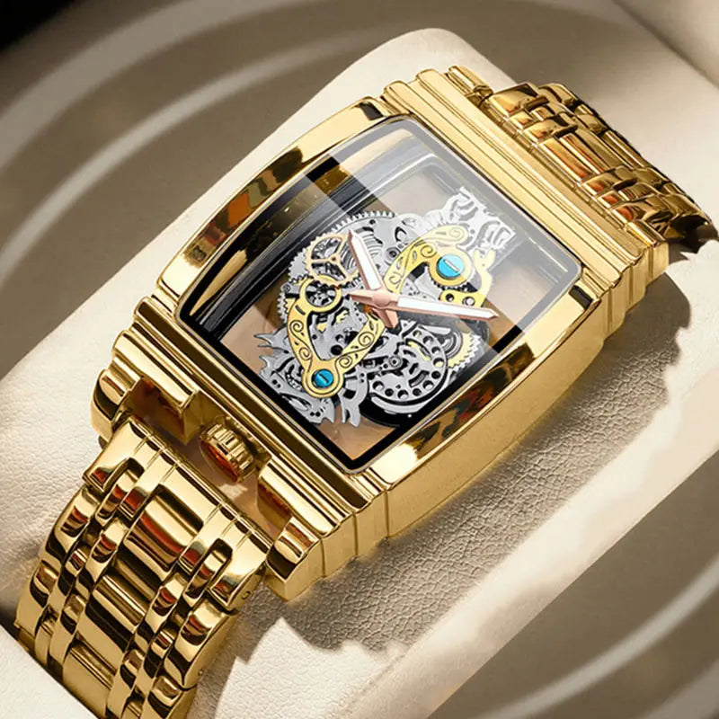 Brand Square Luxury Men Gold Tourbillon Skeleton Automatic Quartz Wrist Watches for Men